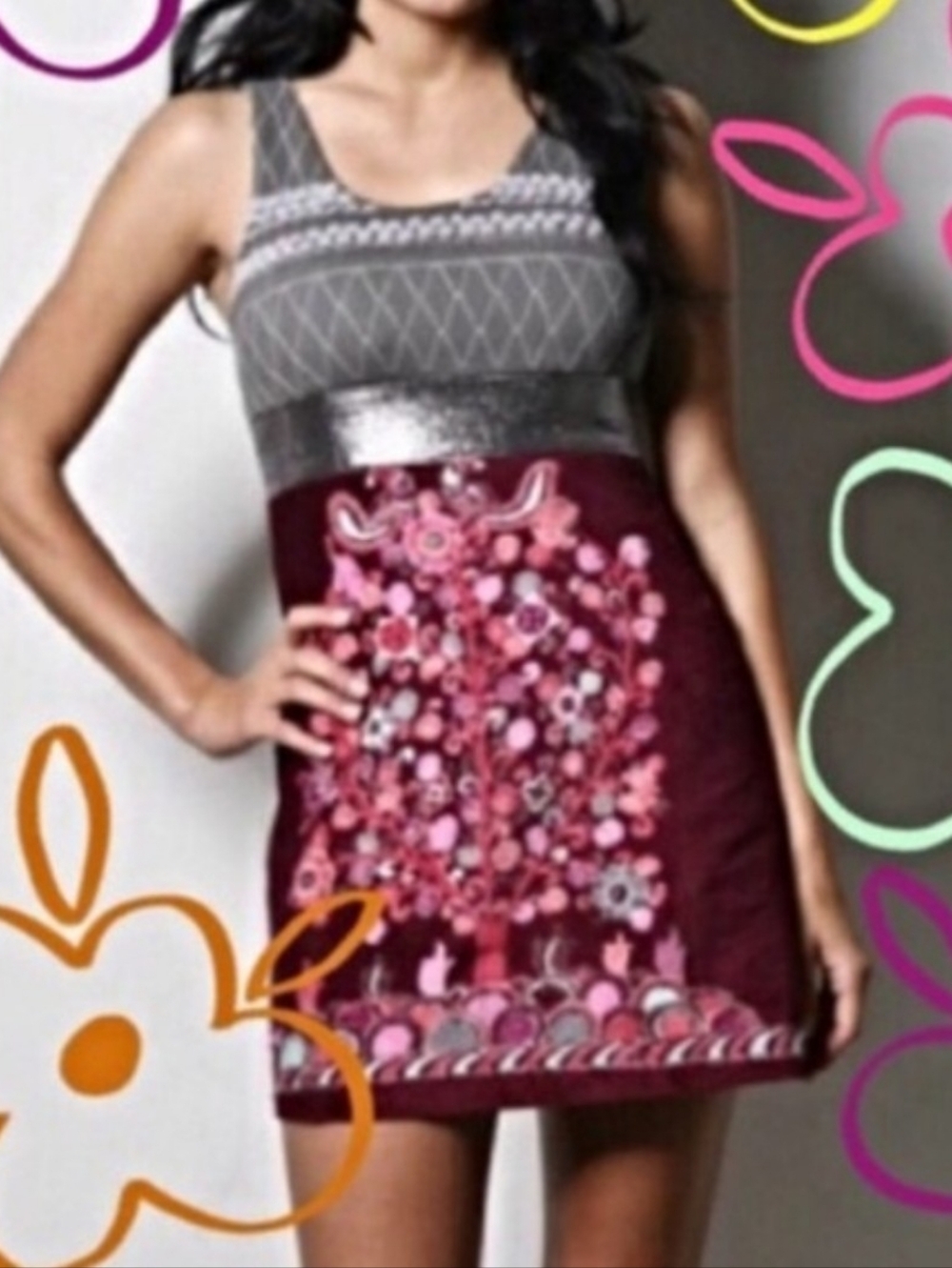 Women's Free People Mini Dress Size 4 Burgundy Gray Embroidered